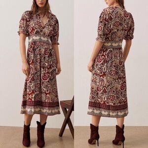 ba&sh Paisley Midi Dress in Cream and Burgundy